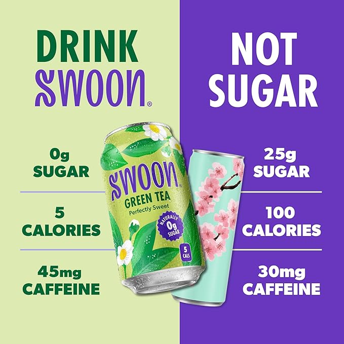 Swoon Perfectly Sweet Green Tea | Zero Sugar, Lightly Caffeinated & Refreshing | Keto, Paleo, Vegan, Non-GMO & Gluten-Free | Naturally Sweetened with Monk Fruit & Stevia | Only 5 Calories (12 Fl Oz, 12-Pack)