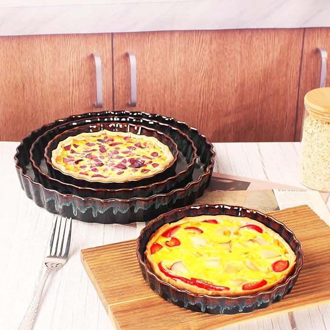 7 Inch Ceramic Pie Pan Quiche Dish 13.5 Ounces Baking Pan, Set of 2 Au Gratin Baking Dishes, Non-Stick Tart Pan, Pie Plate for Apple, Oven Safe, Round Ruffled Edge 7.7 Inch