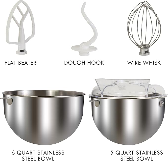Kenmore Elite Heavy-Duty 6 Qt Bowl-Lift Stand Mixer, 600 Watts, with Flat Beater, Wire Whisk, Dough Hook, Stainless Steel Bowls, LED Light, Digital Countdown Timer, Metallic Grey
