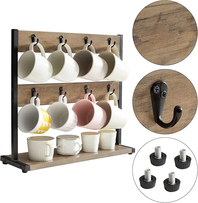 IBUYKE Wood Coffee Mug Holder for Countertop,16 Hook Mug Tree Holder Rack with Storage Base,Mug Display Organizer,Mug Holders for Home Kitchen,Greige UTBJ001Y