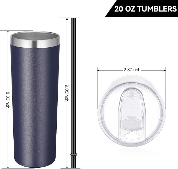 VEGOND Stainless Steel Tumblers Bulk 8 Pack, 20 oz Vacuum Insulated Skinny Tumblers with Lid and Straw, Double Wall Coffee Mug, Travel Water Cup, Navy Blue
