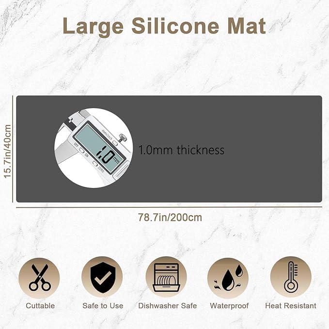 78.7"x15.7"(200cmx40cm) Large Silicone Mats for Countertop, Heat Resistant Mat, Waterproof Nonslip Silicone Kitchen Counter Mat, Nonstick Table Placemat, Multipurpose Mat, Black