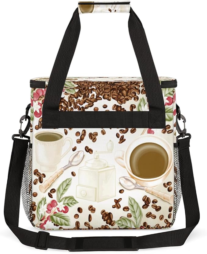 Watercolor Coffee Bean Coffee Maker Carring Bag Cafe Travel Carrying Storage Tote Bag Compatible with Keurig K-Mini or K-Mini Plus Portable Single Serve Coffee Brewer Case with Pockets for K-cup Pods