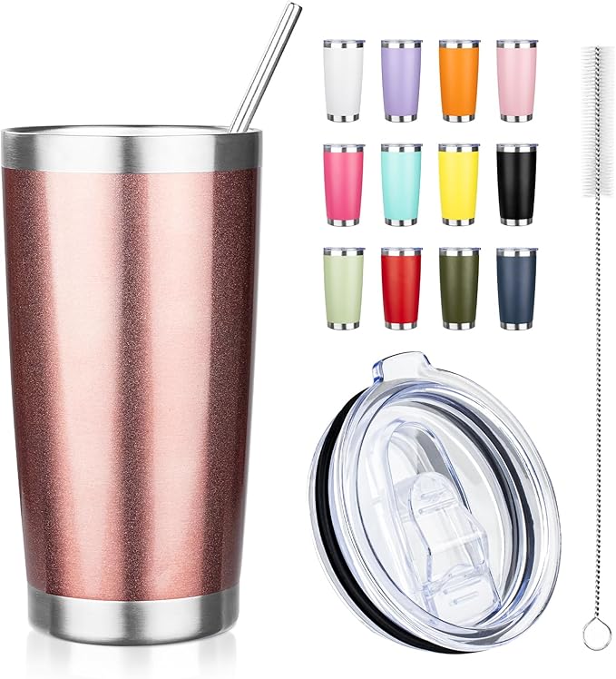 20oz Tumbler with Straw and Brush, Stainless Steel Vacuum Insulated tumbler, Double Wall Insulated Coffee Tumbler for Outdoor, Home, Travel,Office (Rose Gold,1pcs)