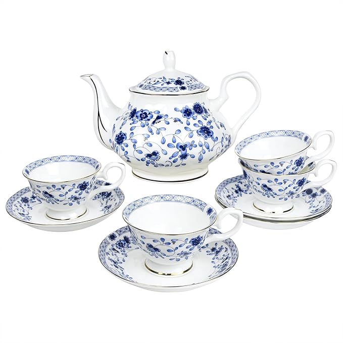Bone China Tea Set for Adults, 13-Piece Porcelain Tea Sets,Blue and White Bone China Tea Cup Set for 4，Vintage Tea Sets for Women Tea Party or Christmas Gifts