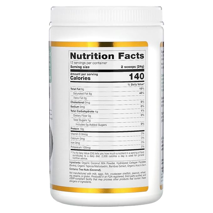 California Gold Nutrition Superfoods, Collagen Coconut Creamer with Organic Coconut Milk Powder, Hydrolyzed Collagen Peptides, Organic Tapioca Maltodextrin, and Bamboo Extract, Unsweetened, 10.2 oz