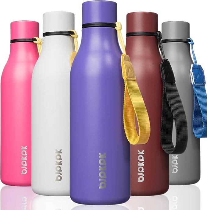 BJPKPK Insulated Water Bottles, 18 oz Stainless Steel Metal Water Bottle with Strap, BPA Free Leak Proof Thermos, Mugs, Flasks, Reusable Water Bottle for Sports & Travel, Purple
