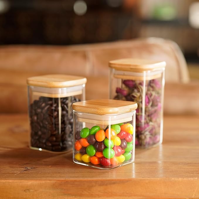 Glass Food Storage Jars Square 6oz, 16 Pack Glass Jars With Bamboo Lids, Kitchen Storage Containers For Spice, Candy, Cookie, Storage For Pantry Organizers