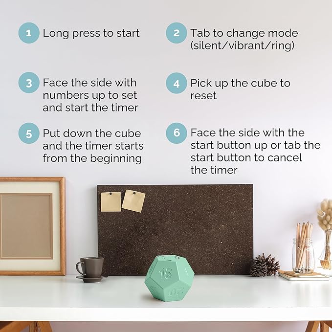 KADAMS Pomodoro Cube Timer Productivity-11 Preset Countdowns, Flip-to-Start Gravity Activation - Sound Vibrate Mute Rechargeable - Ideal for ADHD Kid Kitchen Classroom Cook Study Exercise - Green