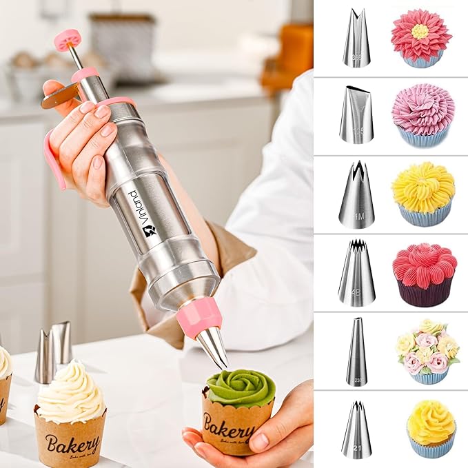 Dessert Decorating Syringe Set Icing Piping Kit Frosting Piping Kit Stainless Steels Cake Decorating Kit with 10 food grade stainless steel piping tips & 50 Disposable Piping Bags, Pink
