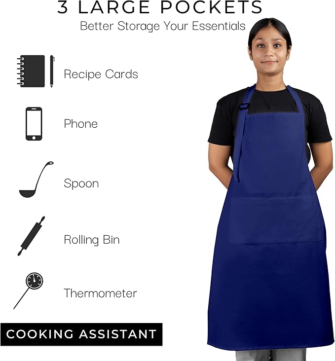 RAJRANG 100% Cotton Cooking Apron with 3 Pockets Kitchen Chef BBQ Adjustable Bib Aprons for Women Men