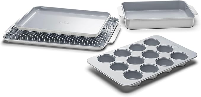 Caraway Nonstick Ceramic Bakeware Set (5 Pieces) - Baking Sheets, Assorted Baking Pans & Storage - Aluminized Steel Body - Non Toxic, PTFE & PFOA Free - Gray