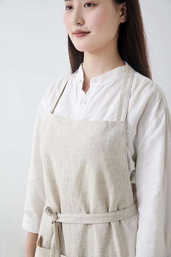 Cotton Linen Apron for Women - Adjustable Casual Apron with Pocktes, Great for Florist, Coffee House and Kitchen