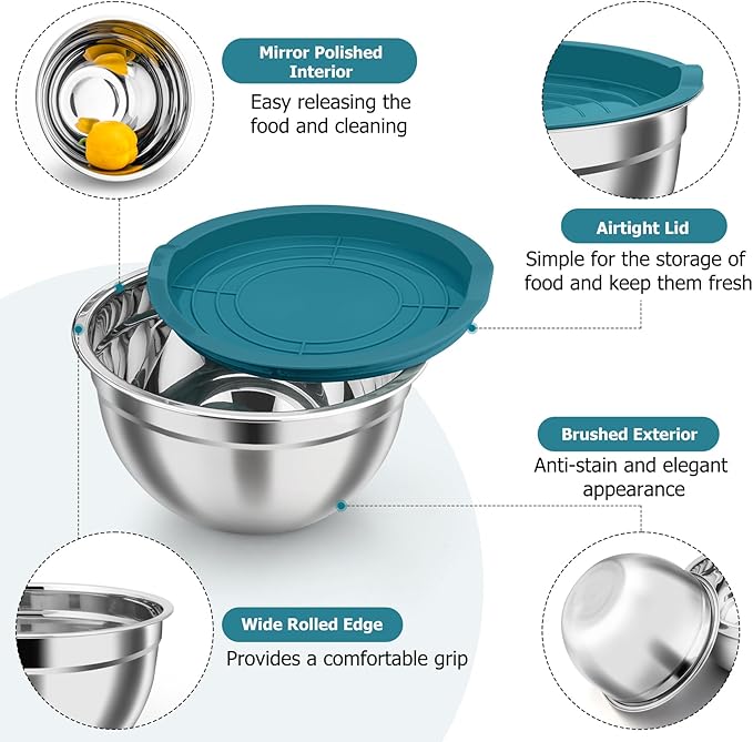 TeamFar Mixing Bowls, Stainless Steel Nesting Salad Bowls with Airtight Lids Set, For Serving/Mixing/Storing, Healthy & Heavy-duty, Dishwasher Safe & Easy Clean, 4.6/3 / 1.5 QT, Navy Blue