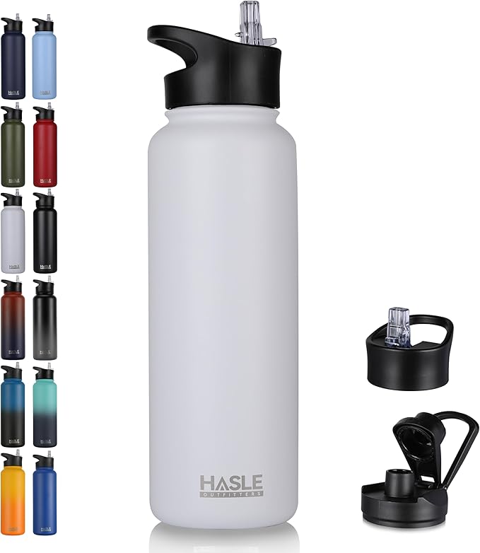 HASLE OUTFITTERS 40oz Stainless Steel Water Bottle, Vacuum Insulated Double Walled Leak Proof Sports Water Bottle with 2 Lids (Straw and Spout Lid) Thermo Mug Keep Cold and Hot(White,1)