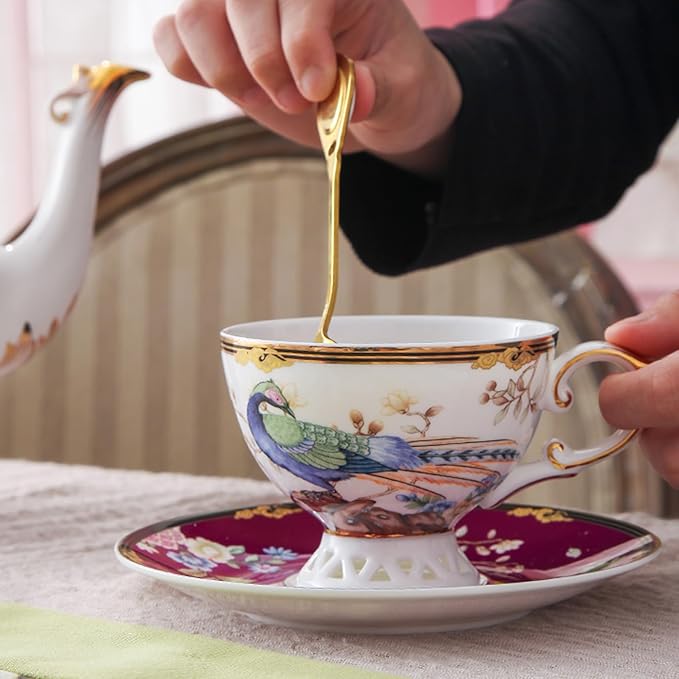 ACMLIFE Bone China Tea Cup and Saucer Set - Bone China Tea Coffee Cup and Saucer Set for 1 Luxury Fine China Tea Cup Set for One Blue Vintage Teacups and Saucers for Women Tea Party or Gift Giving