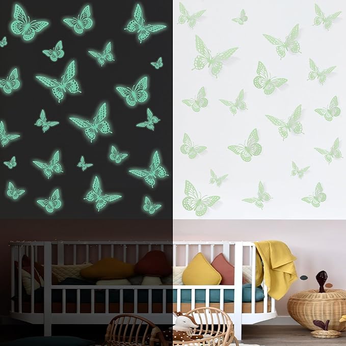 SAOROPEB Glow in The Dark 3D Butterfly 24 Pcs 3 Sizes, Luminous Butterfly Stickers for Ceiling or Wall, Glow in The Dark Party Supplies, Removable Luminous Stickers for Kids Babys Nursery (Green)