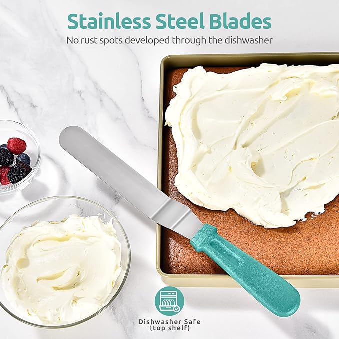 Icing Spatula, U-Taste Offset Spatula Set with 6", 8", 10" Blade, 18/0 Stainless Steel with PP Plastic Handle Angled Cake Decorating Frosting Spatula Set of 3 (Teal/Aqua Sky)