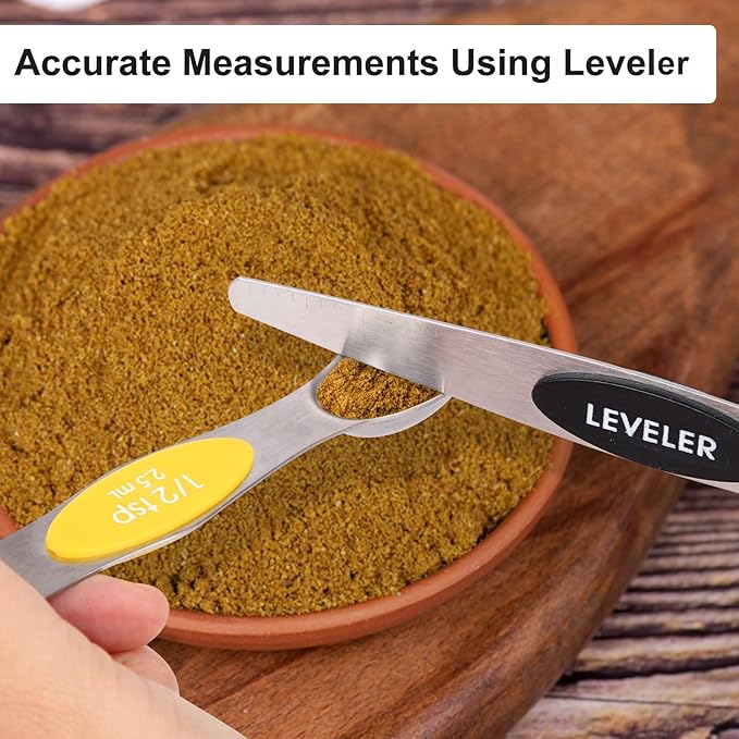Magnetic Measuring Spoons Set - 7-Piece Stainless Steel Dual Sided Spoons with Leveler, Rustproof Nesting Design for Cooking, Baking & Medicine (US/Metric Markings, Dishwasher Safe)