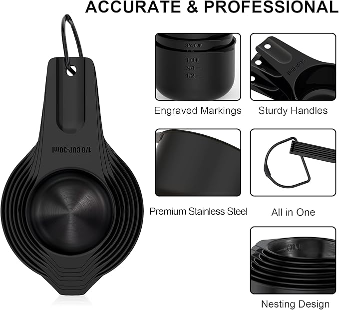 Stainless Steel Measuring Cups, Wildone Metal Measuring Cups Set with Easy to Read Markings for Measuring Dry or Liquid Ingredients, Set of 7 (Black)