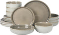 Gibson Elite Sunveil 16 Piece (Service for 4) Plates and Bowls Reactive Glaze Round Dishes Stoneware Ceramic Dinnerware Set -Taupe