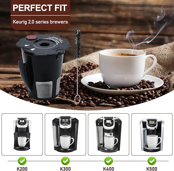 Sikawai My K Cup Reusable Coffee Pods Filter Fit for Keurig 2.0 K200 K250 K300 K350 K400 K450 K460 K475 K500 K550 K560 K575 Brewers Pack of 2 119367 with Cleaning Brush SIZE:2.5 * 2.4