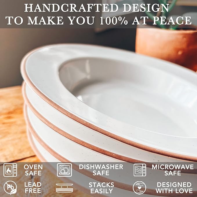 Mora Ceramic Wide Rimmed Soup Bowl 25oz, Set of 4 - For Pasta, Italian, Spaghetti, Dipping Bread, Fancy Dinner etc. Large Plate/Bowls Hybrid For Everyday & Restaurant Use, Large Flat Rim - Vanilla