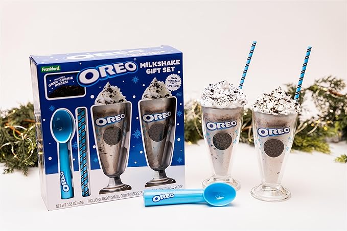 Oreo Milkshake Gift Set, Includes Oreo® Cookie Pieces, 2 Glass Cups, 2 Straws & Ice Cream Scoop, Dessert Kit & Gift Idea, by Frankford Candy