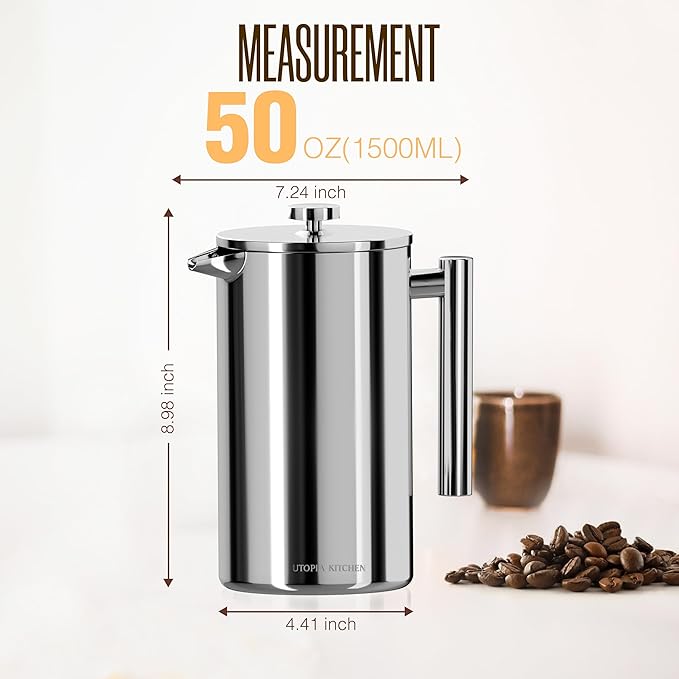 Utopia Kitchen Stainless Steel French Press Coffee Maker 50 Oz, French Press Tea Maker, Cold Brew Portable Travel Coffee Presses, Tea Press Gifts Silver