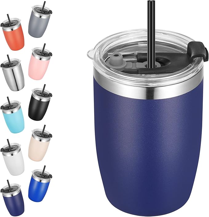 VEGOND Stainless Steel 12 oz Tumblers bulk Vacuum Insulated Double Wall Travel Tumbler with Lid and Straw Reusable Tumbler, Navy Blue 1 Pack