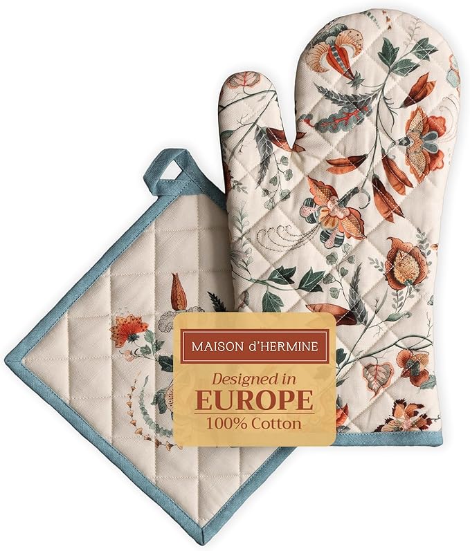 Maison d' Hermine 100% Cotton Oven Mitt & Pot Holder Set (7.5"x13" & 8"x8") Heat Resistant BBQ Cooking Gloves with Loop, Baking, Grilling, Kitchen, Handling Hot Pans (Dalida)