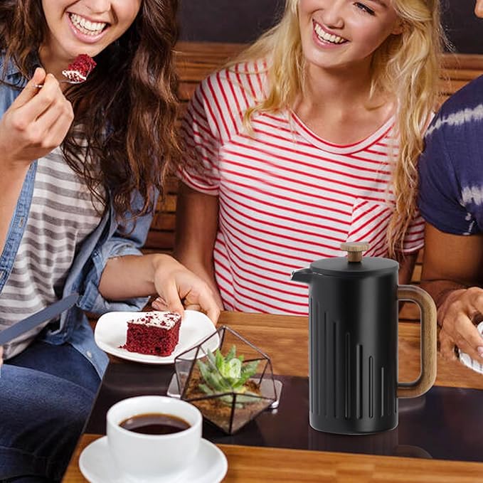 Rorence 34oz French Press Coffee Maker, Coffee Press with Real Wood Handle & Plunger Head, Double Wall Insulation & Dual-Filter Screen, incl. replaced filters & instructions, Black