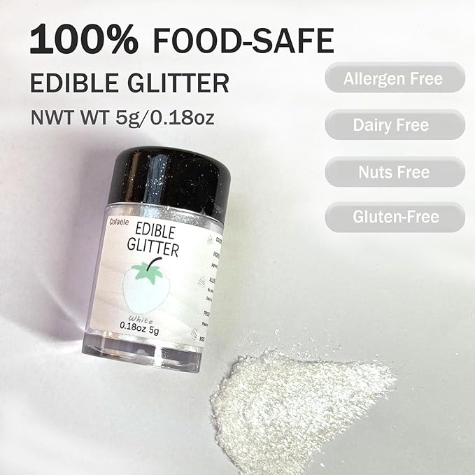 White Edible Glitter Glimmer Powder for Cakes Drinks - Colaele 5 grams Food-Grade Luster Dust Metallic Food Decorating Sprinkle Glimmery Brew Dust for Baking Dessert Chocolates Decorations, Vegan