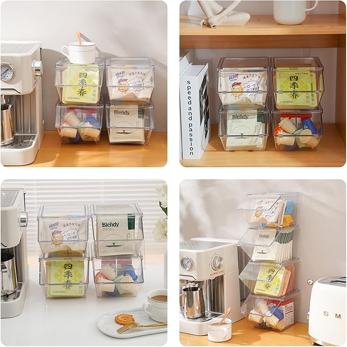 Stackable Tea-Bag Holder Organizer - Box Storage Organizer, Clear Coffee and Tea Organizer for Counter Tops, Kitchen Cabinets, Pantry, 2 Pack