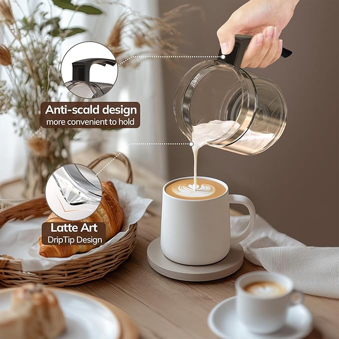 Electric Milk Frother and Steamer, 16.9oz/500ml Milk Steamer and Frother for Latte, Dishwasher Safe, BPA Free, 4 Functions, Enjoy Perfect Milk Froth in 2 Min - Black