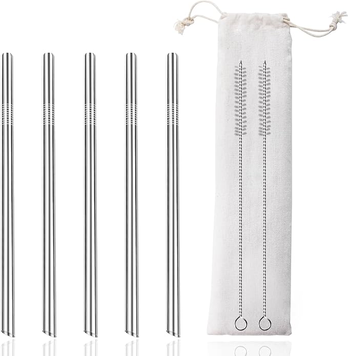Lazycorner 5 Pcs Stainless Steel Smoothie Straws, 0.4'' Extra Wide Reusable Metal Drinking Straws for Milkshake, Smoothie, Beverage, Set of 5 with 2 Cleaning Brush