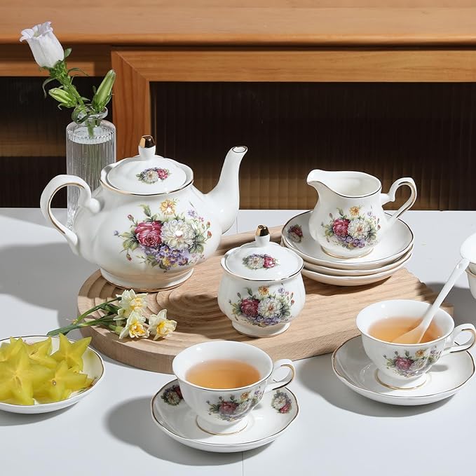 Sweejar Porcelain Tea Sets, Vintage British Floral Relief Gold Rimmed Teapot Cup and Saucer Set, Tea Set Service for 6, with Teapot, Sugar Bowl, Milk Jug, Spoons, Tea Cup and Saucer (Flower Style)