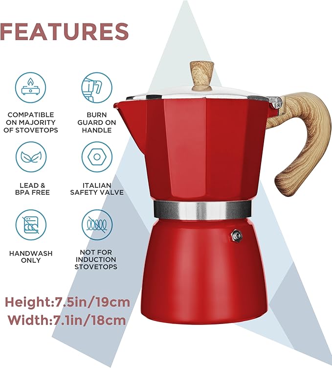 AGOGO Milano Moka pot, Stovetop Espresso maker, Greca Coffee Maker, Stovetop coffee maker and espresso maker percolator With Paper Filter 6 Cup Red