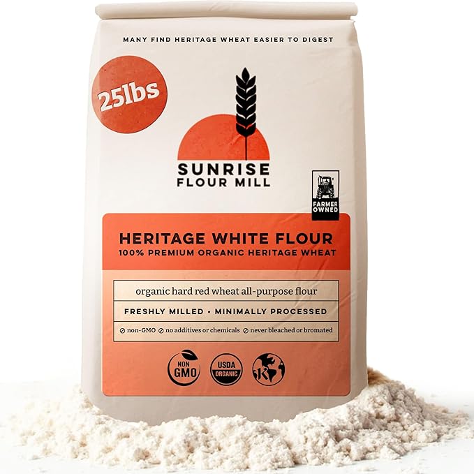 Sunrise Flour Mill Heritage Organic White Flour | USDA Organic All Purpose Flour Unbleached - Non-GMO, Kosher, Grown Without Glyphosate, High Protein for Baking, Unbromated White Wheat (400 Ounce (Pack of 1))