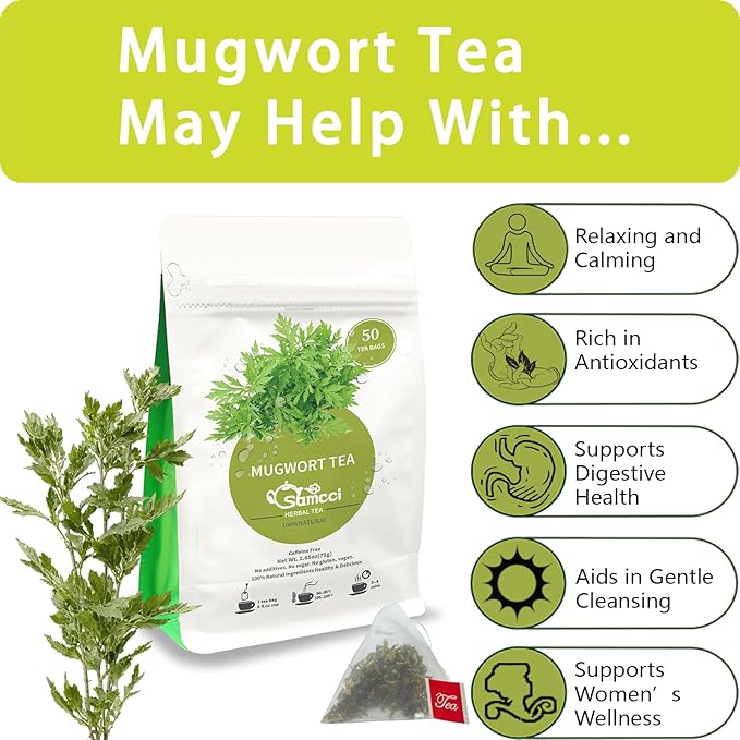Samcci - Mugwort Tea Bag, 50 Teabags - 100% Natural Dried Mugwort leaves - No Sugar, No Caffeine, No Gluten, Vegan - Rich In Antioxidants