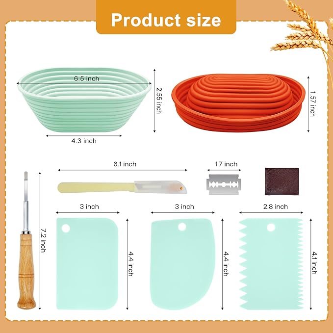 Silicone Banneton, Sourdough Bread Baskets (Set of 6, 6.5 Inch), Oval Proofing Bread Bowls with Starter Kit, Bread Making Baking Supplies