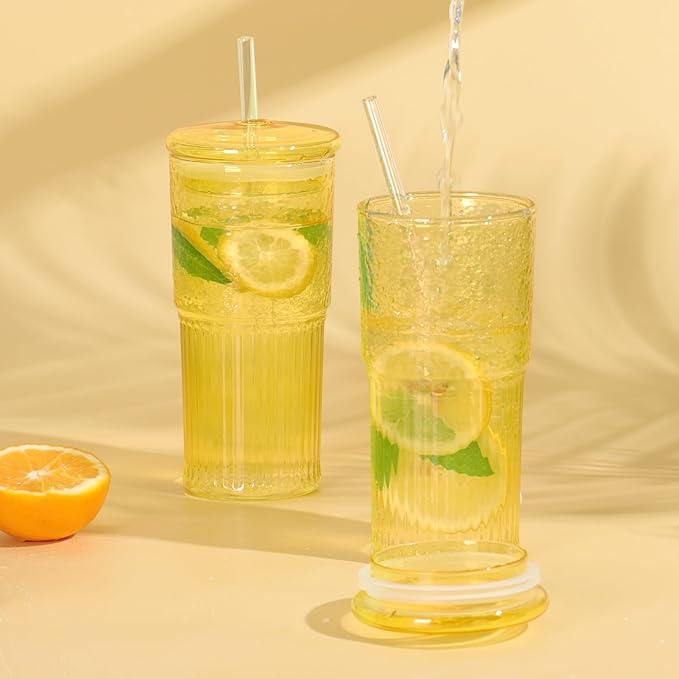 20 OZ Glass Cup with Lids and Glass Straws, High Borosilicate Iced Coffee Glass Tumblers with Lid and Straw for Drinks, 2pcs Reusable Wide Mouth Smoothie Cup(Yellow)