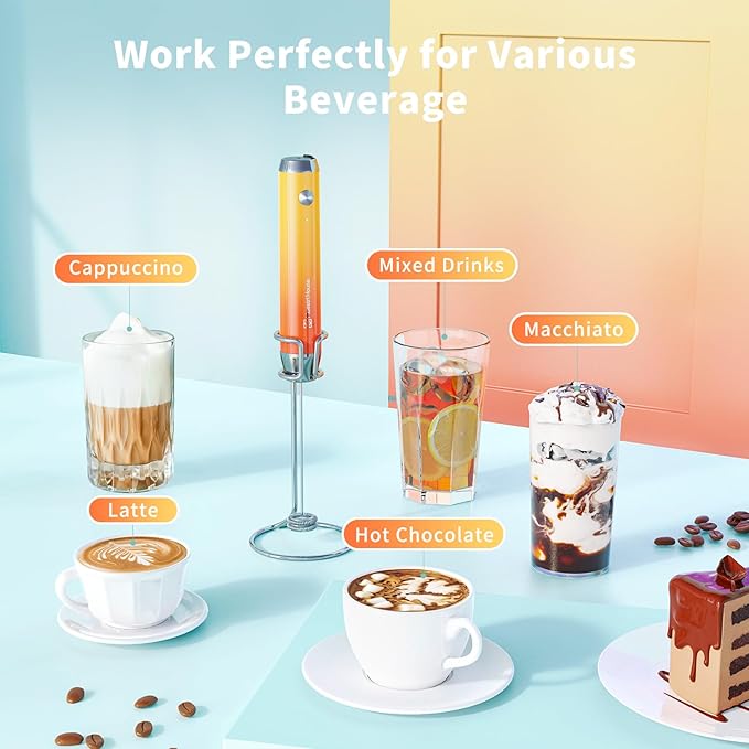 Maestri House Rechargeable Milk Frother with Stand, LunaFro Handheld Electric Foam Maker Waterproof Detachable Stainless Steel Whisk Drink Mixer Foamer for Lattes, Cappuccino