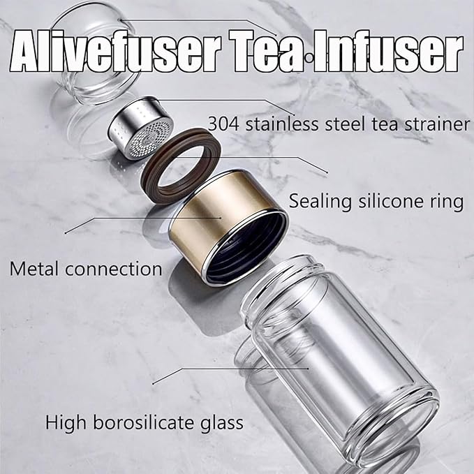 Tryteava Glass Infuser, Tryteava 3-in-1 Smart Tea Infuser, Portable Glass Double Wall Tea Infusers Bottle, with Stainless Steel Filter, Hot & Cold Brew, For Loose Leaf, Office Home (Silver, 420ml)