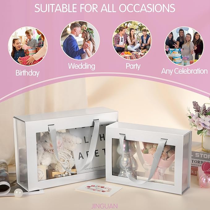 Large Silver Clear Gift Boxes, 13.5x9x4.1 Inches, 5 Pack with Windows by Handles, Magnetic Closure, Suitable for Various Occasions