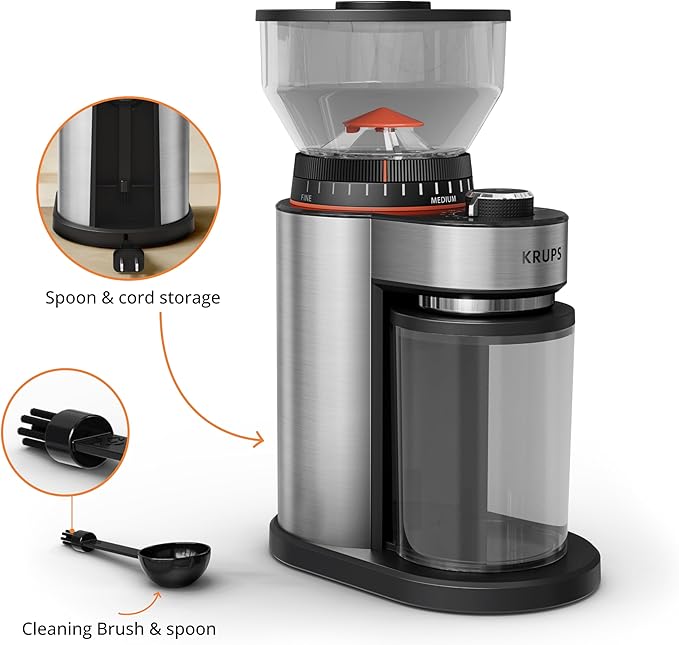 KRUPS Burr Coffee Grinder, 18 Adjustable Grind Settings, 2-20 Cups per Grind, Sinlge Touch, Spice and Coffee Bean Grinder, Stainless Steel, Black