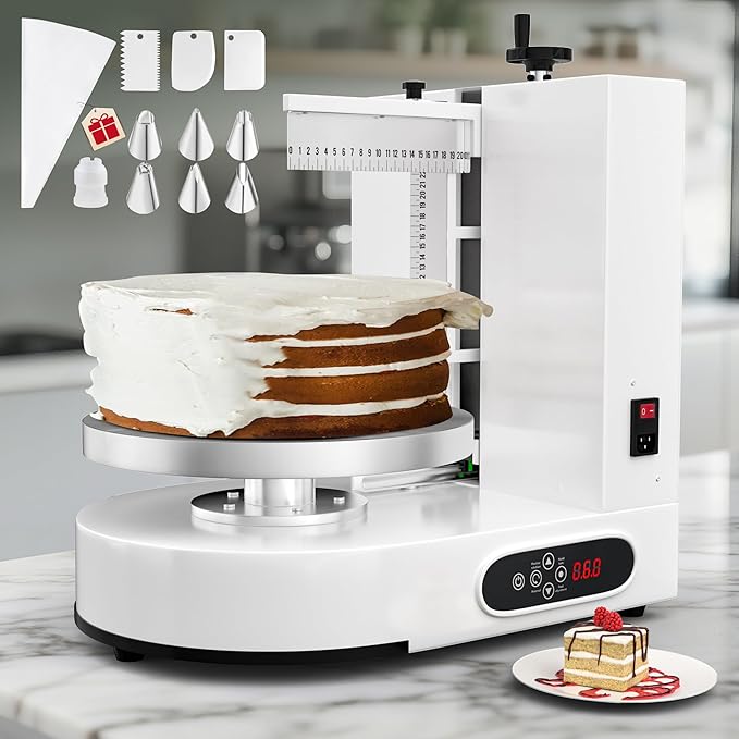 PYY Cake Decorating Machine - 4-12 Inch Automatic Cake Cream Spreading Machine for Cake Smoothing Machine, Electric Cake Turntable 60-320 RPM with Graduated Scrapers Maquina Para Decorar Pasteles