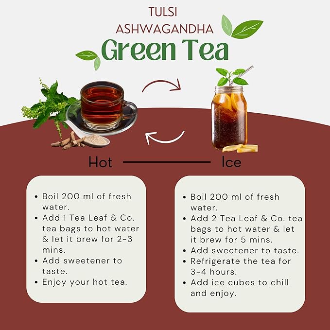 Tulsi Ashwagandha Green Tea Bags (50 Count), Green Tea with Tulsi, Ashwagandha, Lemongrass and Black Pepper, Caffeinated, Real and Natural Green Tea, Blended with Fresh Herbs and Spices, Gluten Free