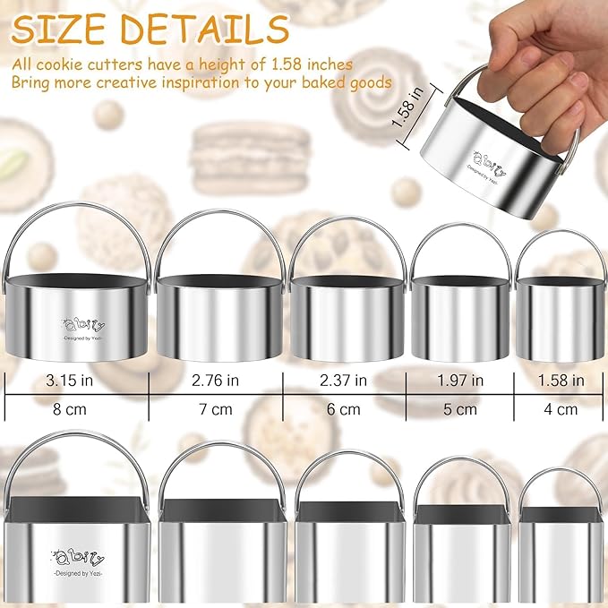 Cookie Biscuit Cutters for Baking Set of 10 pcs, Square and Round Cookie Biscuit Cutters Set with Handle, Small Cookies Biscuits Pastry Brownie Cutter Cake Cutter Tool