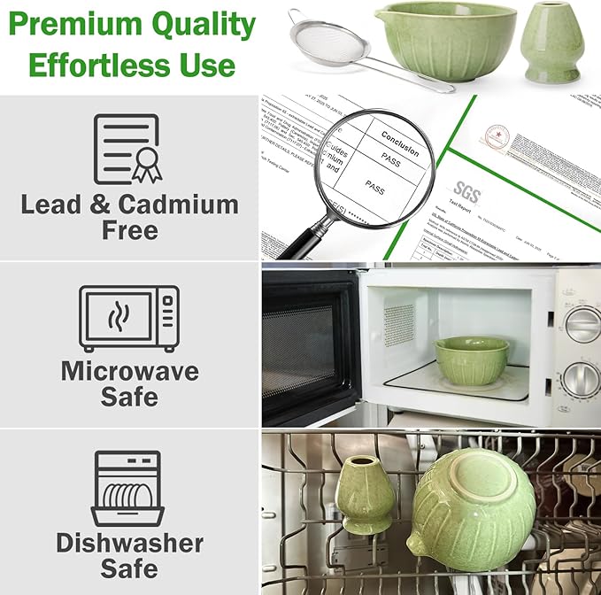 MONOJOY Matcha Whisk Set Ceramic Bowl Kit with Spout, Bamboo Chasen and Holder, Scoop Rest,Sifter Tea Towel Ceremonial Cute Matcha Tea Making Tool,Gift Perfect for Latte Lovers | Beginners,7pcs